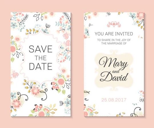 Wedding invitation card template with floral vectors 03  