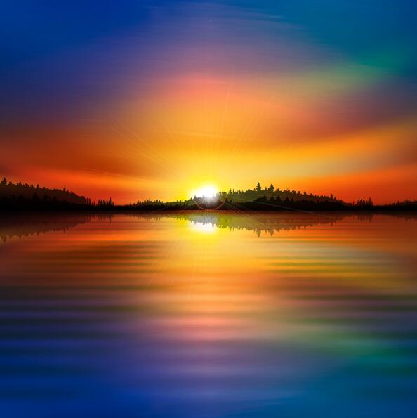 Seenlandschaft mit Sonnenuntergang Vektor 01  