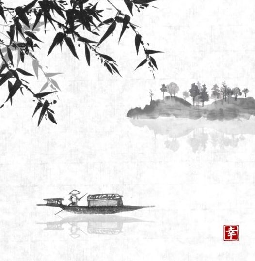 Bamboe met landschap schilderij vector 02  