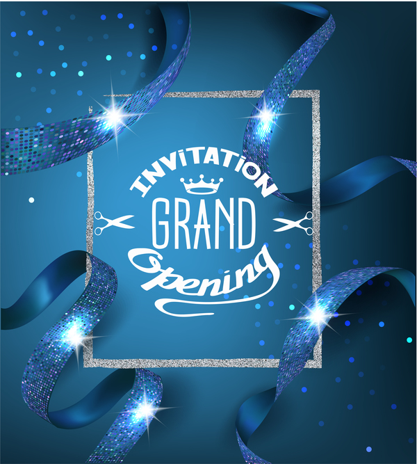 Blue grand opening invitation card with blue ribbons with pattern and silver frame vector  