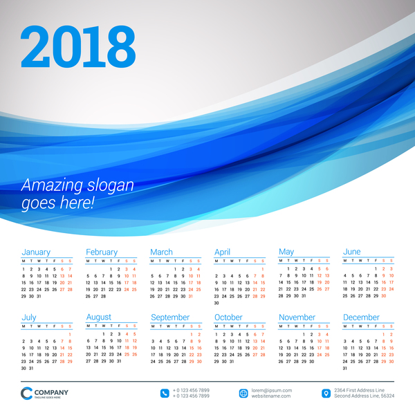 Fond ondulé bleu avec le vecteur de calendrier 2018  