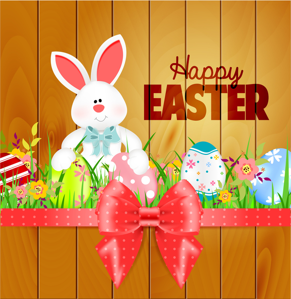 Bunny with easter card template and ribbon bow vector 02  