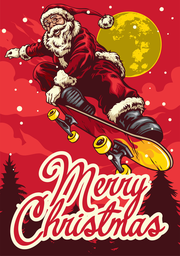 Weihnachtsgrußkarte mit Weihnachtsmann-Fahrskateboardvektor 01  