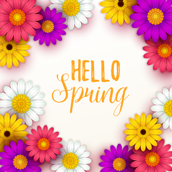 Farbige Blume mit Hallo Frühlingshintergrundvektoren 02  