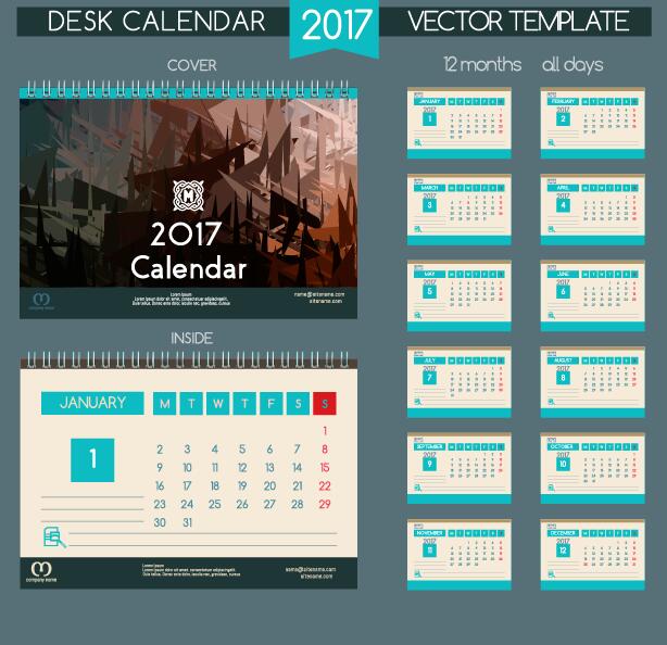 Bureau 2017 calendrier couverture et intérieur modèle vecteur 08  