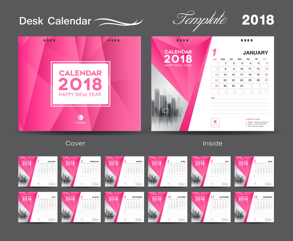 デスクカレンダー2018テンプレートデザインとピンクのカバーベクトル02  