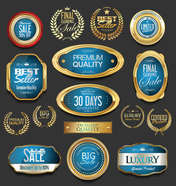 Golden badges and labels with laurel wreath vector set  