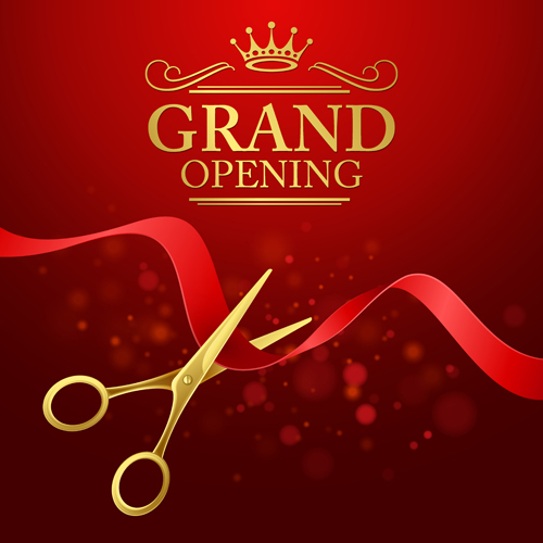 Grand opening with golden scissors background vector 07  