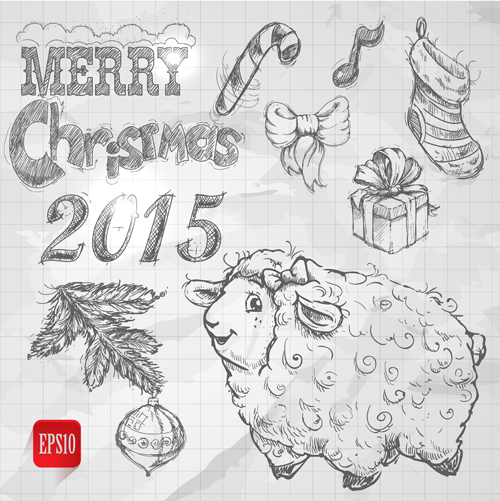 Hand drawn Christmas 2015 sheep year elements vector 04  