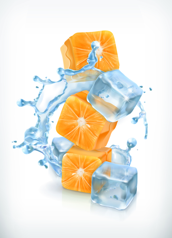 Cubi arancioni con ghiaccio e schizzi vettoriali  