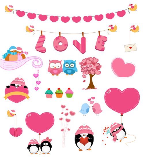 Owls and penguins with hearts vector  