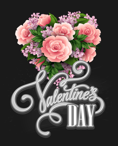 Pink flower with heart shape Valentine day cards vector 02  