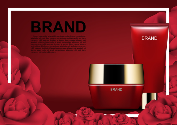 赤いバラ広告テンプレートベクトル04で設定された赤い化粧品  