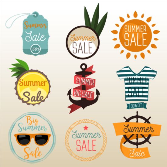 Sommerverkauf Flachabzeichen mit Bannern und Etiketten Vektor  
