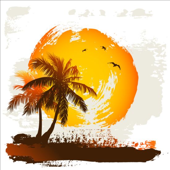 Tropische Sommerpalme mit Grunge-Hintergrundvektor 04  