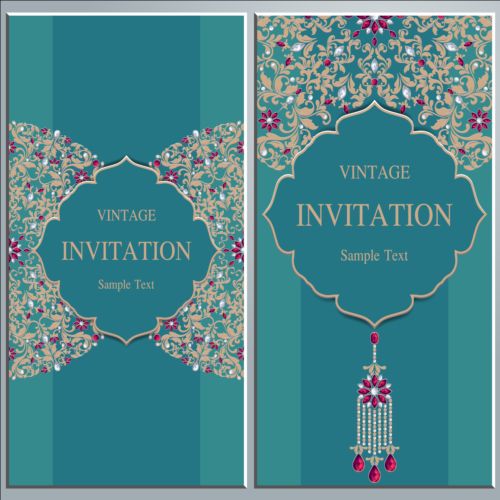Vintage invitation cards with jewelry decor vector 05  