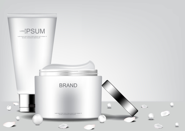 Weiße kosmetische Produkte mit Perlen und Blumenblattplakat-Schablonenvektor  