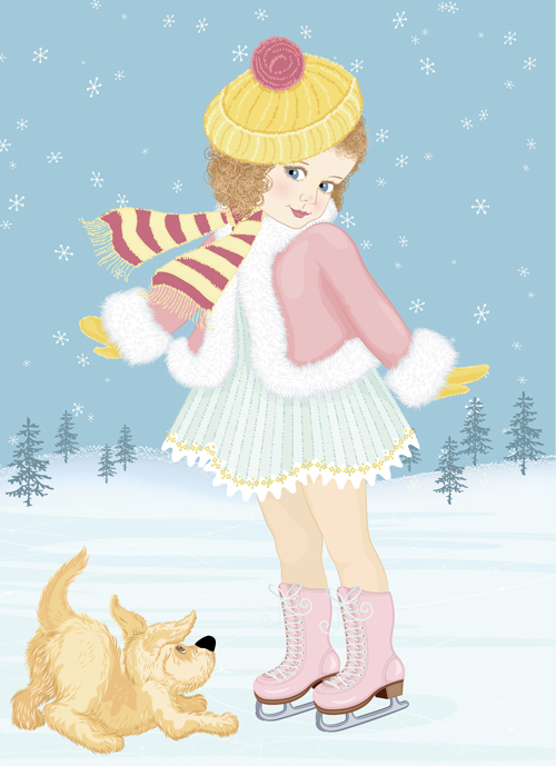 Winter little girl and cute dog design vector 01  
