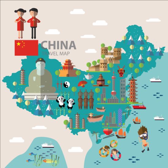 Kina karta med infographic vektor 02  