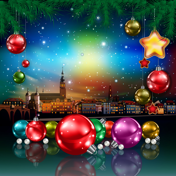 Christmas greeting card with panorama of city vector 03  