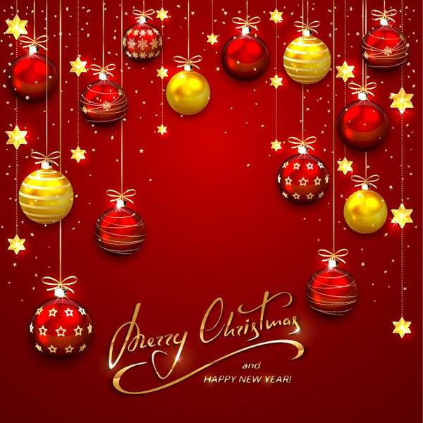 黄金の赤い球のベクトルとクリスマス赤い背景  