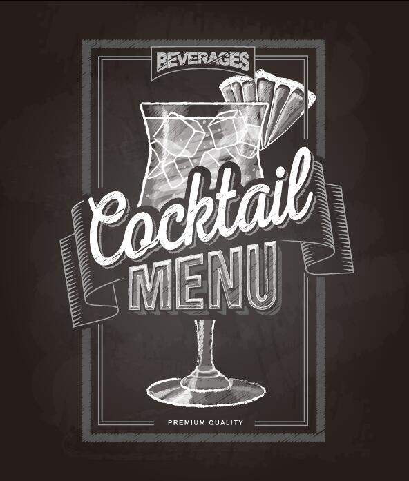 Cocktail menu cover with chalkboard and chalk drawing vector 01  