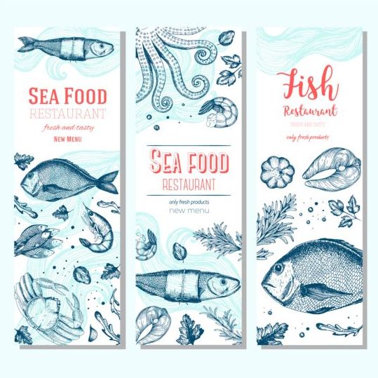 Hand drawn sea food banners vector 02  