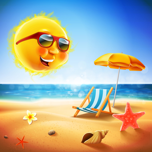 Hot summer holiday background with funny sun vector 05  