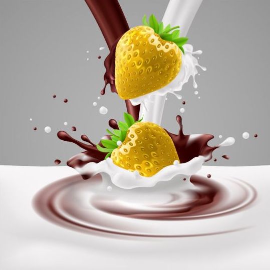 Milk Choco Splash med jordgubbar vektor bakgrund 02  