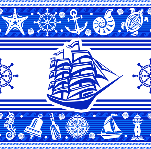Nautical elements blue seamless pattern vector 04  