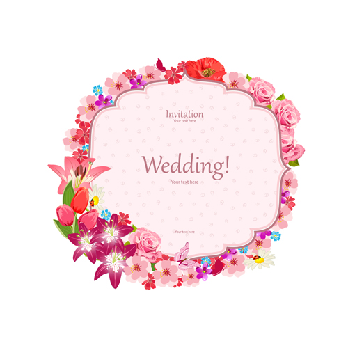 Pink flower frame wedding invitation cards vector 02  