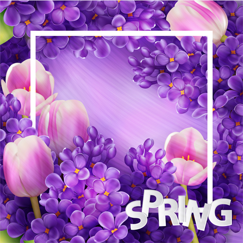 Purple lilac flowers and pink tulips background vector 03  