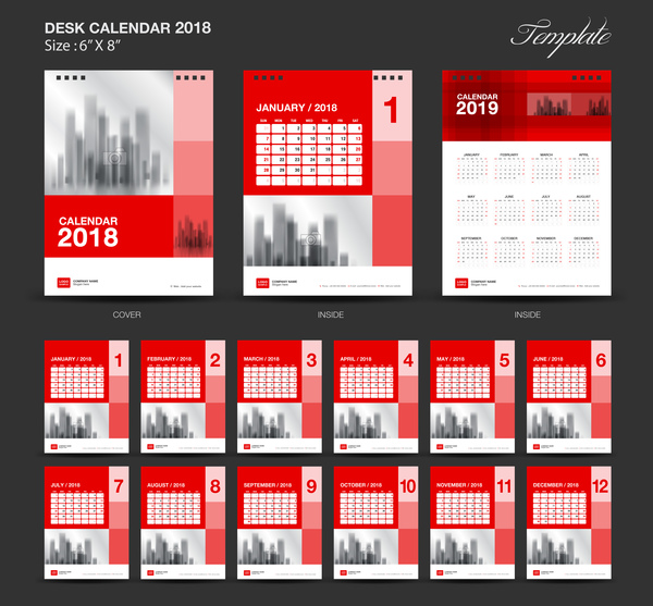 赤デスクカレンダー2018ベクトルテンプレート  