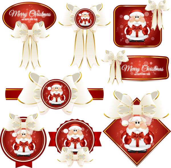 White bows with red christmas labels vector set  