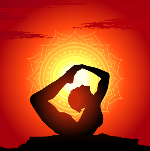 Yoga silhouetter with sunset background vectors 05  