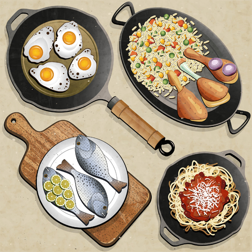 frying pan and food design vector 01  