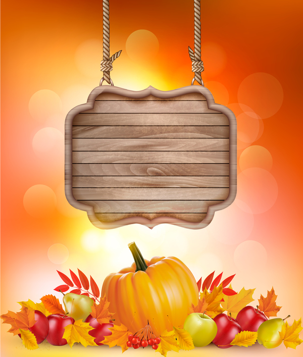 nature autumn background with wooden sign vector  