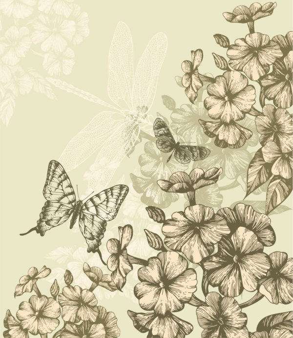 Hand drawn flower with Butterflies and dragonflies vector set 01  