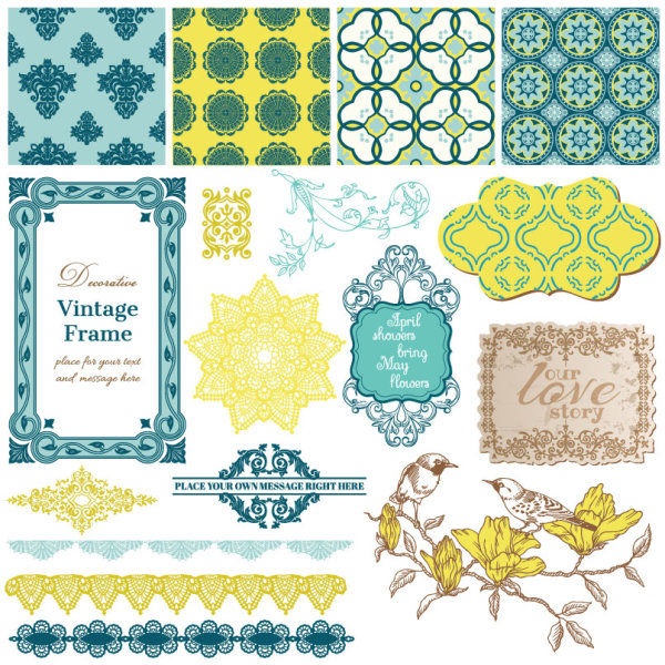 Vintage pattern ,lace,label and frames decor vector Collection 02  