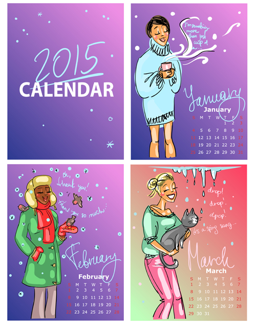 2015 calendar with girls vector material 01  