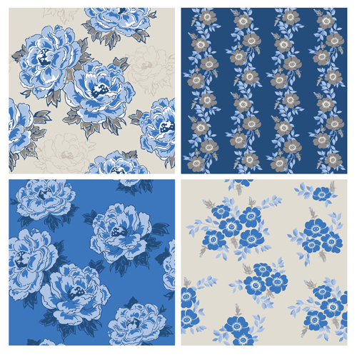 Blue retro flowers pattern seamless vector 01  