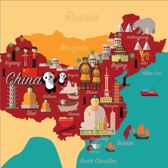 Kina karta med infographic vektor 01  