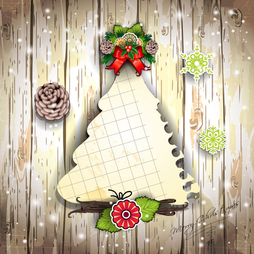 Christmas decor paper on the wood wall vector 03  