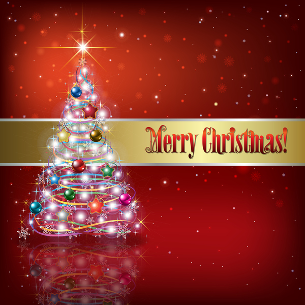 Weihnachtsbaum und Dekorationen mit rotem Hintergrundvektor  
