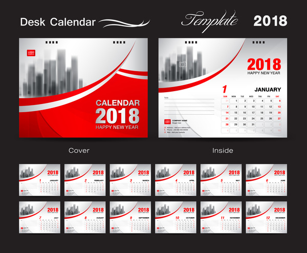 Tischkalender 2018 Schablone mit rotem Abdeckungsvektor 04  