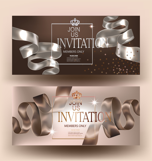 Elegante beige Einladungskarten mit silk lockigen Bändern und gewachsenem Vektor  