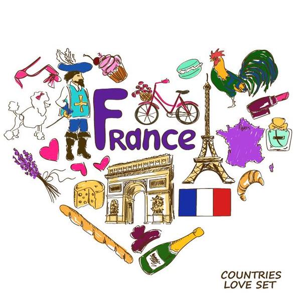 Éléments de pays France avec vecteur de forme de coeur  