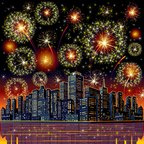 Golden fireworks with city vector  