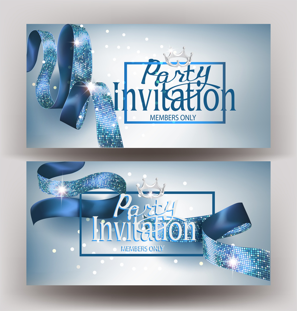 Bannières d'invitation avec vecteur de rubans de soie bleu  