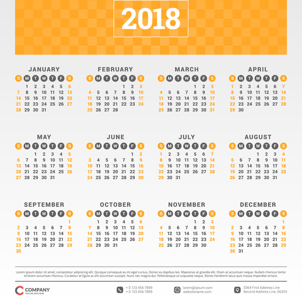 Orange Kalenderfirmenvektoren der flachen Kalender 2018  